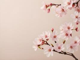 A soft and simple cherry blossom pattern in pale pink appears on a beige background, with open space for text. photo