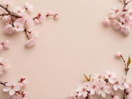 The soft design of pale pink cherry blossoms on a beige background creates an open space for text. photo