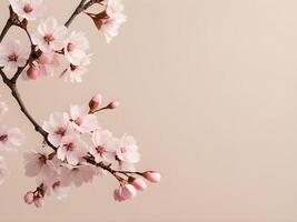 Cherry blossoms in pale pink create a gentle, minimalist pattern on a beige backdrop, offering room for text. photo