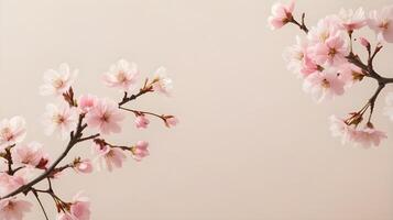 Soft pink cherry blossoms form a minimalist design on a beige background, with plenty of empty space for text. photo