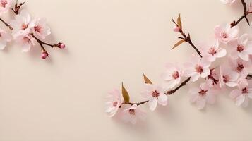 Soft cherry blossoms in pale pink form a simple, elegant pattern on a beige backdrop, leaving ample space for text. photo