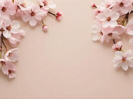 A subtle pattern of pale pink cherry blossoms appears on a beige surface, with open space available for text. photo