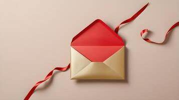 A red envelope with a gold ribbon rests on a soft neutral background, offering space for a festive message. photo