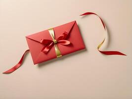 A simple red envelope tied with a gold ribbon sits on a neutral background, providing room for a holiday greeting. photo