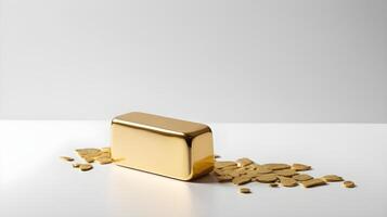 A solitary gold ingot rests on a smooth, unembellished white paper background, casting a gentle shadow beneath it, with room available for text. photo