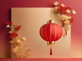 A glowing gold lantern placed on a red and gold gradient background, with plenty of room to add festive messages. photo