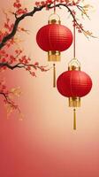 A gold lantern with a soft glow, set on a red and gold gradient background, allowing space for New Year greetings or text. photo