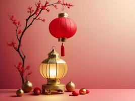 A gold lantern softly illuminated against a gradient of red and gold, leaving room for festive messages or text. photo
