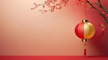 A simple, glowing gold lantern placed on a soft gradient background of red and gold, leaving space for text or Chinese New Year greetings. photo