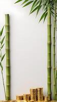 A small arrangement of golden coins lies next to bamboo stalks, against a minimalist background, with room for text or branding. photo