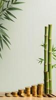A few golden coins are arranged next to bamboo stalks, set against a neutral background with plenty of space for text or branding. photo