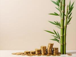 A small number of golden coins lie next to bamboo stalks, with a plain background providing ample space for a message or branding. photo