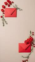 A few red envelopes with small floral embellishments, arranged quietly on a soft, neutral background, leaving ample space for text or branding. photo