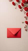 Red envelopes accented with small flowers, arranged subtly on a neutral-toned background, offering a spacious area for text or branding. photo