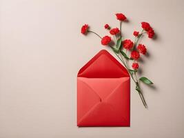 A simple and elegant display of red envelopes with small flowers on a neutral background, with generous space available for text or logo. photo