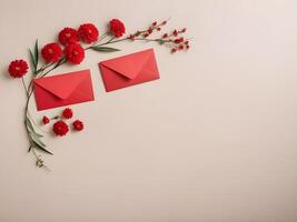 Red envelopes with tiny flowers, carefully arranged on a neutral background, leaving plenty of space for a message or branding. photo
