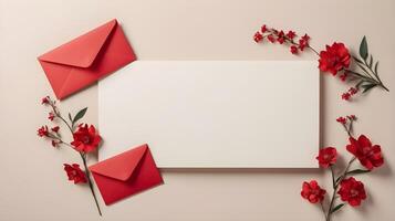 Several red envelopes featuring tiny flowers, arranged thoughtfully on a muted background, leaving plenty of space for text or logo placement. photo