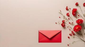 Red envelopes with delicate flower accents, gently placed on a soft, neutral background with plenty of room for a message or branding. photo