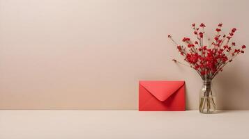 A few red envelopes adorned with small flowers, arranged gracefully on a neutral-toned background, offering ample space for text or branding. photo