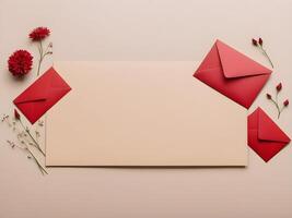A few red envelopes with small flowers arranged quietly on a neutral-toned background, with plenty of space for text or branding. photo