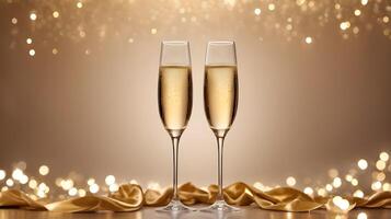 Two crystal champagne glasses, filled with golden champagne, are positioned on a reflective surface with soft, dreamy bokeh lights creating room for a Valentine message. photo