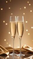 Two crystal glasses filled with golden champagne are placed on a reflective surface, with a soft bokeh background, offering space for a romantic message. photo