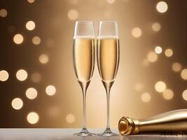 Two crystal champagne glasses, filled with golden champagne, sit on a reflective surface, with soft bokeh lights creating a dreamy backdrop, leaving room for a romantic message. photo