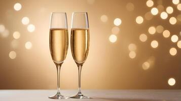 A pair of crystal champagne glasses filled with golden champagne rest on a shiny surface, with blurred bokeh lights in the background, leaving space for a heartfelt message. photo