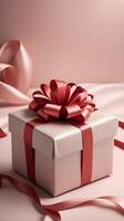 Wrapped in satin ribbon, the gift box rests on soft fabric, with the gentle lighting and warm tones creating a perfect spot for a Valentine Day message. photo
