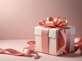 A satin-ribboned gift box rests on soft fabric, with warm, inviting tones and soft lighting providing ample space for a Valentine Day greeting. photo