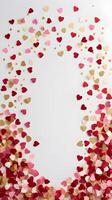 A soft scattering of red, pink, and gold heart-shaped confetti on white silk, with reflections of light, offers ample space for a romantic message. photo