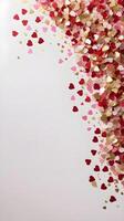 Heart-shaped confetti in shades of red, pink, and gold is delicately scattered on smooth white silk, offering ample space for a romantic message in the center. photo