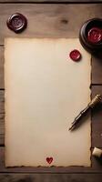 On a rustic wooden table, an open love letter, ink pen, and heart-shaped wax seal are bathed in warm, natural lighting, with plenty of space for a heartfelt message. photo