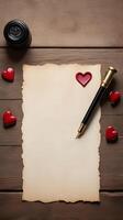 A rustic wooden table holds an open love letter, ink pen, and heart-shaped wax seal, with warm lighting enhancing the romantic scene and leaving space for a message. photo