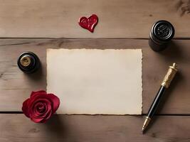 An open love letter, ink pen, and heart-shaped wax seal are arranged on a rustic wooden table, with warm, natural lighting creating a timeless romantic feel and ample space for a message. photo