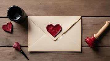A love letter, ink pen, and heart-shaped wax seal rest on a rustic wooden table, with warm lighting enhancing the romantic ambiance and offering ample space for text. photo