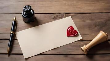 an open love letter, ink pen, and heart-shaped wax seal on a rustic wooden table. The warm, natural lighting gives a timeless romantic feel, with ample copy space for text. photo