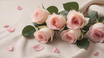 The delicate pink roses, placed on light beige linen fabric, create a peaceful and serene scene, with ample space for a heartfelt message. photo