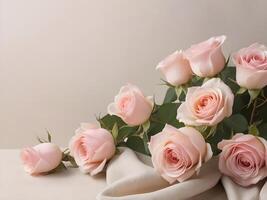 Soft pink roses arranged on light beige linen fabric create a serene and detailed backdrop, with plenty of space in the center for a loving message. photo