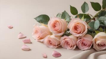 Light beige linen fabric forms a peaceful backdrop for soft pink roses, where the delicate petals and natural texture provide ample space for a loving message. photo