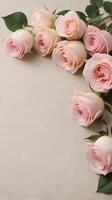 A serene and detailed background of soft pink roses arranged on a light beige linen fabric. The delicate rose petals and natural texture of the linen leave plenty of space for a loving message. photo