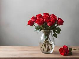 A glass vase with fresh red roses rests on a wooden surface, with shadows and textures providing depth, creating room for a heartfelt message. photo