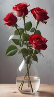 A bouquet of fresh red roses in a clear glass vase sits gracefully on a wooden surface, with natural shadows and textures adding depth, leaving plenty of space for a message. photo