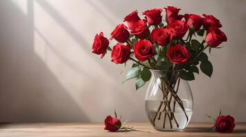 Fresh red roses in a glass vase rest on a wooden surface, the natural lighting casting soft shadows, creating depth and leaving room for a message. photo