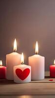 A scene with glowing candles on a polished wooden surface creates soft light and shadow play, with a blurred background providing the ideal space for a Valentine Day message. photo