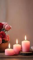 A polished wooden surface holds glowing candles, casting soft light and shadows, with a blurred background offering the perfect spot for a Valentine message. photo