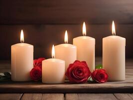 Candles glowing warmly on a polished wooden surface cast soft shadows, with a blurred background perfect for placing a romantic Valentine Day message. photo