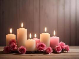 A polished wooden surface holds glowing candles, casting soft light and shadows, with a blurred background providing room for a Valentine Day message. photo