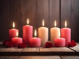 A scene with glowing candles placed on a polished wooden surface, casting soft light and shadows. The blurred background is perfect for placing a Valentine Day message in the center. photo
