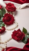 On deep red velvet fabric, red roses and white pearls are arranged beautifully, leaving plenty of room for a romantic message with the elegant backdrop. photo
